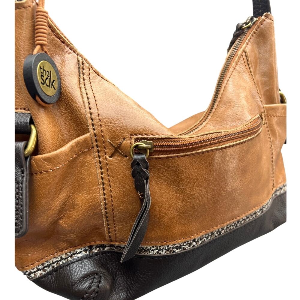 The Sak Tobacco Brown Leather Snake Trim Y2k Hobo Shoulder Bag Purse